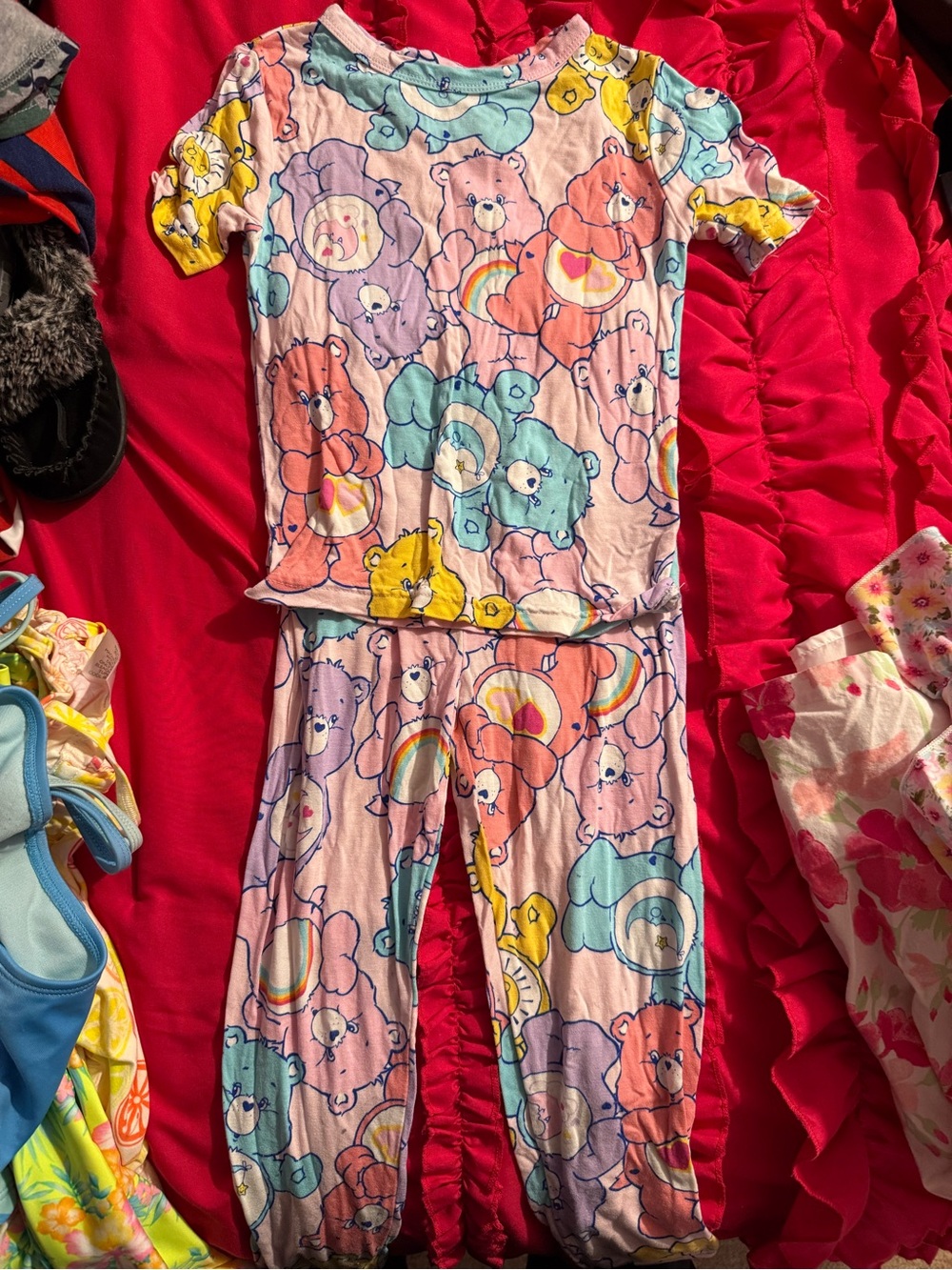 Care Bears Pink Short Sleeve Pajama Set with Multicolor Bears and Rainbows